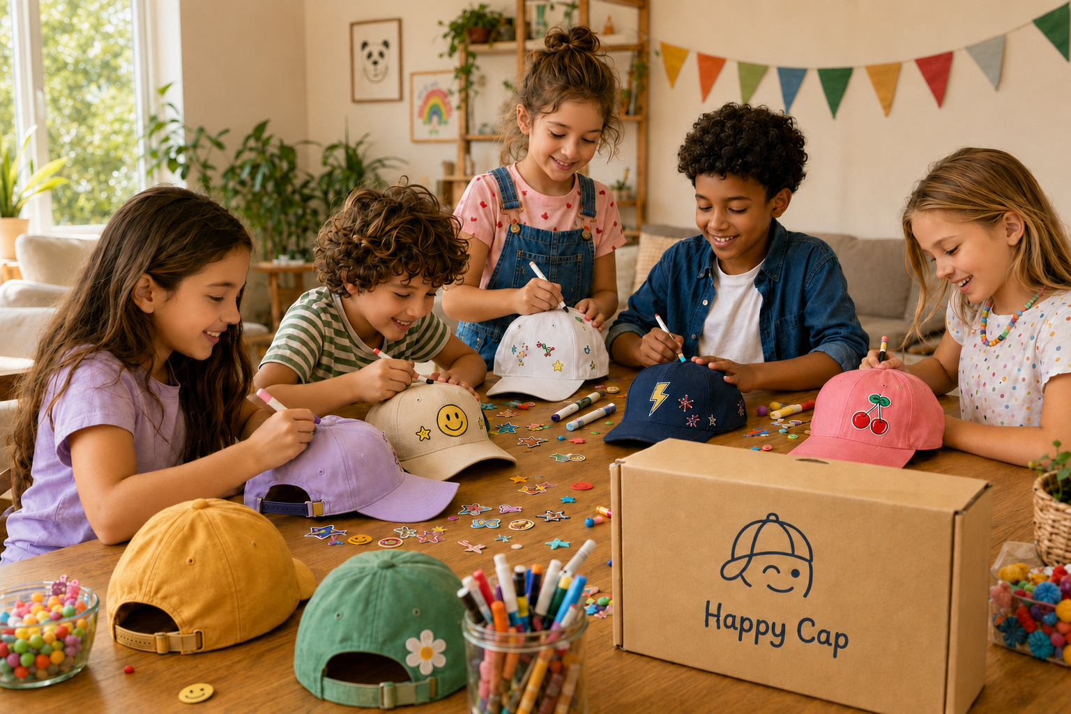Children decorating colourful caps with the Happy Cap Party Box